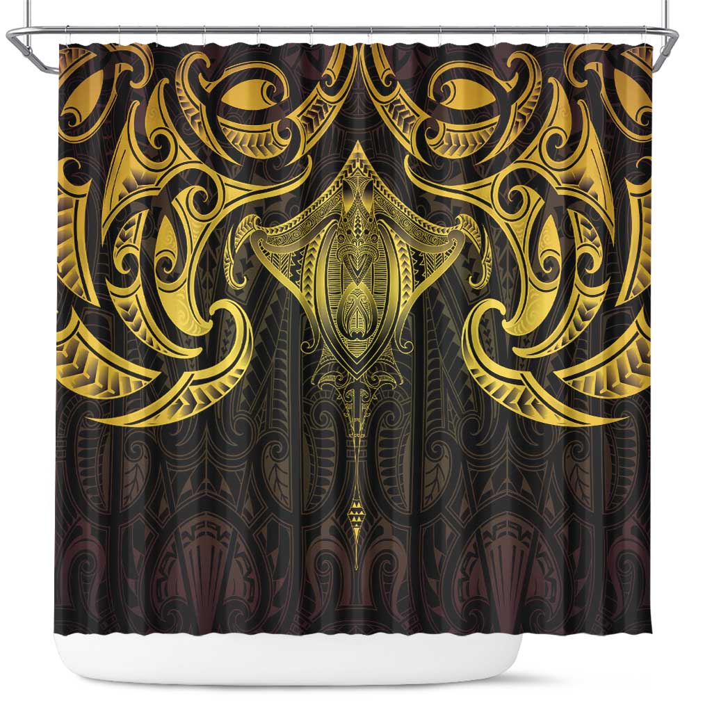 New Zealand Aotearoa Shower Curtain Maori Manta Ray Moko Gold - Polynesian Pride