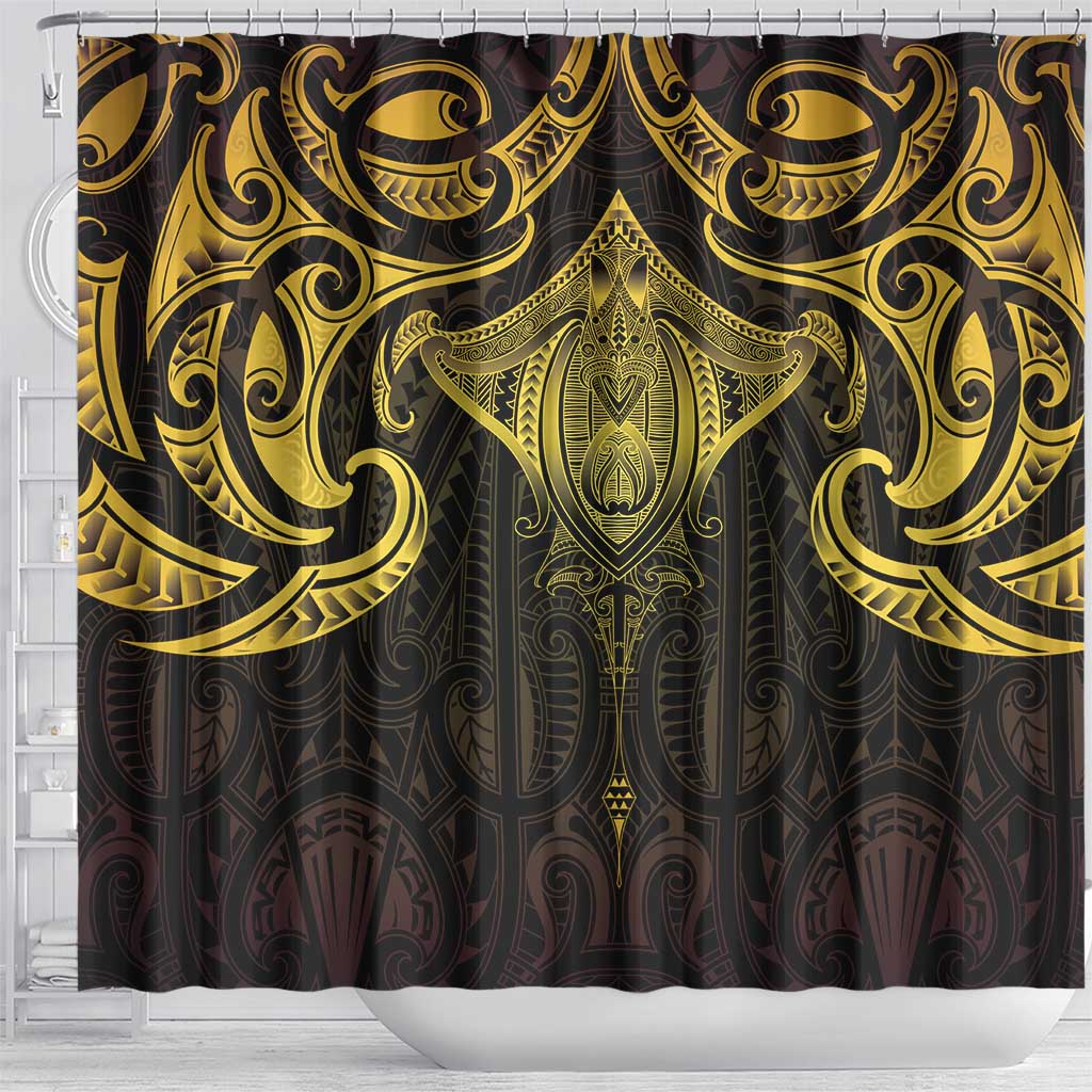 New Zealand Aotearoa Shower Curtain Maori Manta Ray Moko Gold - Polynesian Pride