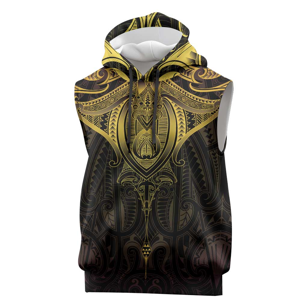 New Zealand Aotearoa Sleeveless Hoodie Maori Manta Ray Moko Gold - Polynesian Pride