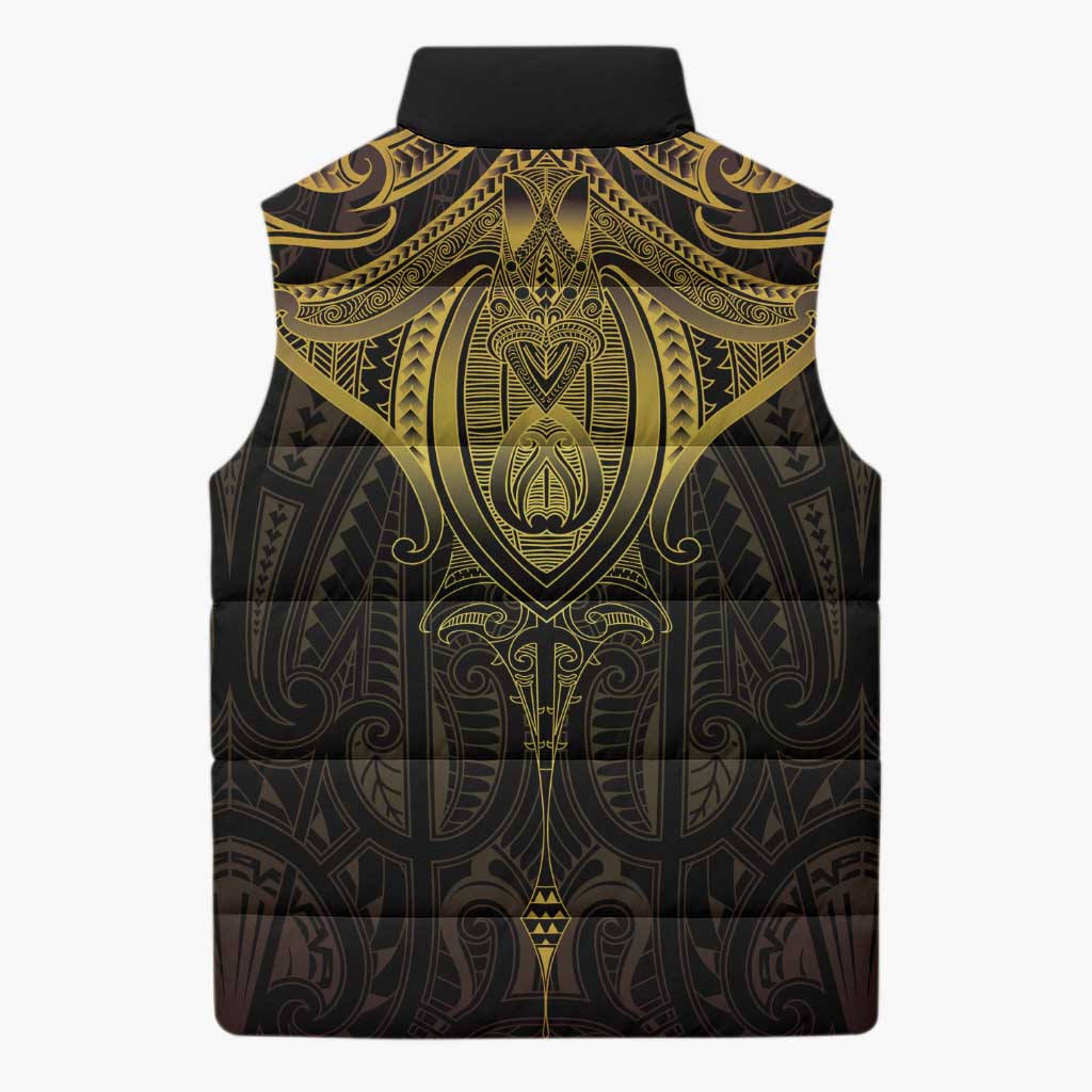 New Zealand Aotearoa Sleeveless Puffer Jacket Maori Manta Ray Moko Gold - Polynesian Pride