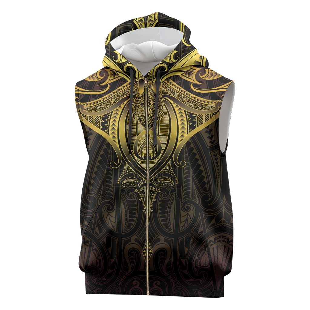 New Zealand Aotearoa Sleeveless Zip Hoodie Maori Manta Ray Moko Gold - Polynesian Pride