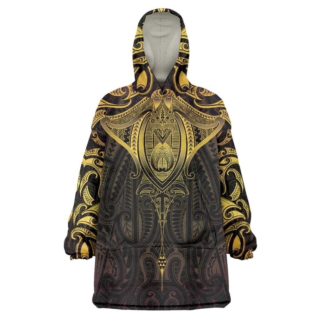New Zealand Aotearoa Wearable Blanket Hoodie Maori Manta Ray Moko Gold - Polynesian Pride