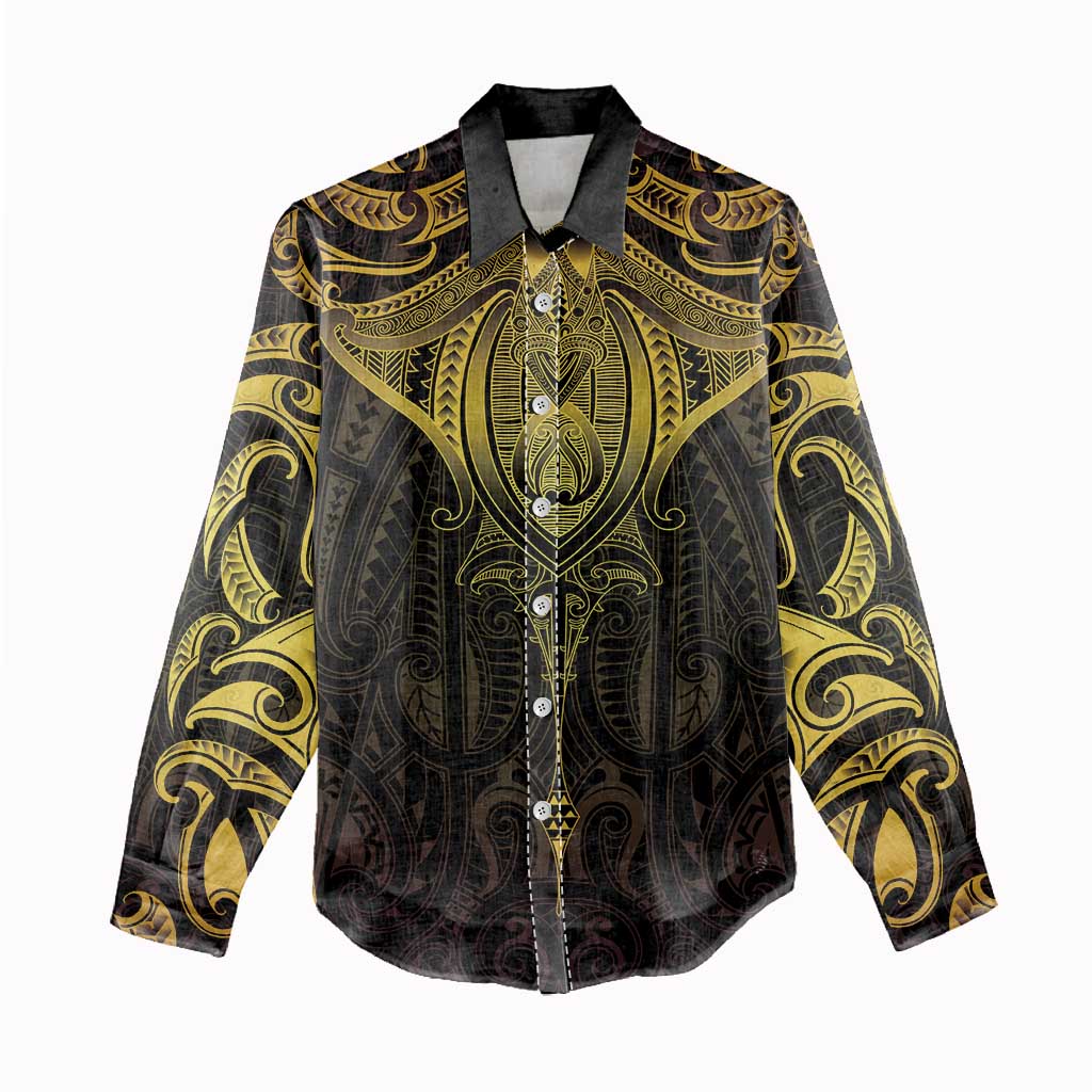 New Zealand Aotearoa Women Casual Shirt Maori Manta Ray Moko Gold - Polynesian Pride