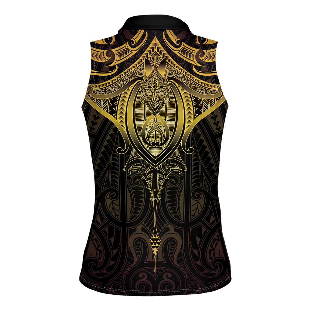 New Zealand Aotearoa Women Sleeveless Polo Shirt Maori Manta Ray Moko Gold - Polynesian Pride