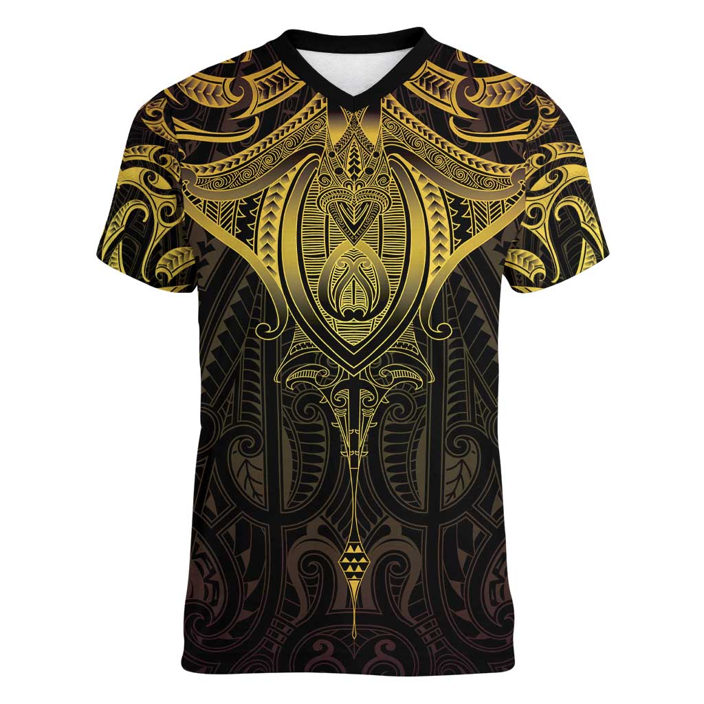 New Zealand Aotearoa Women V-Neck T-Shirt Maori Manta Ray Moko Gold - Polynesian Pride