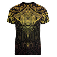 New Zealand Aotearoa Women V-Neck T-Shirt Maori Manta Ray Moko Gold - Polynesian Pride