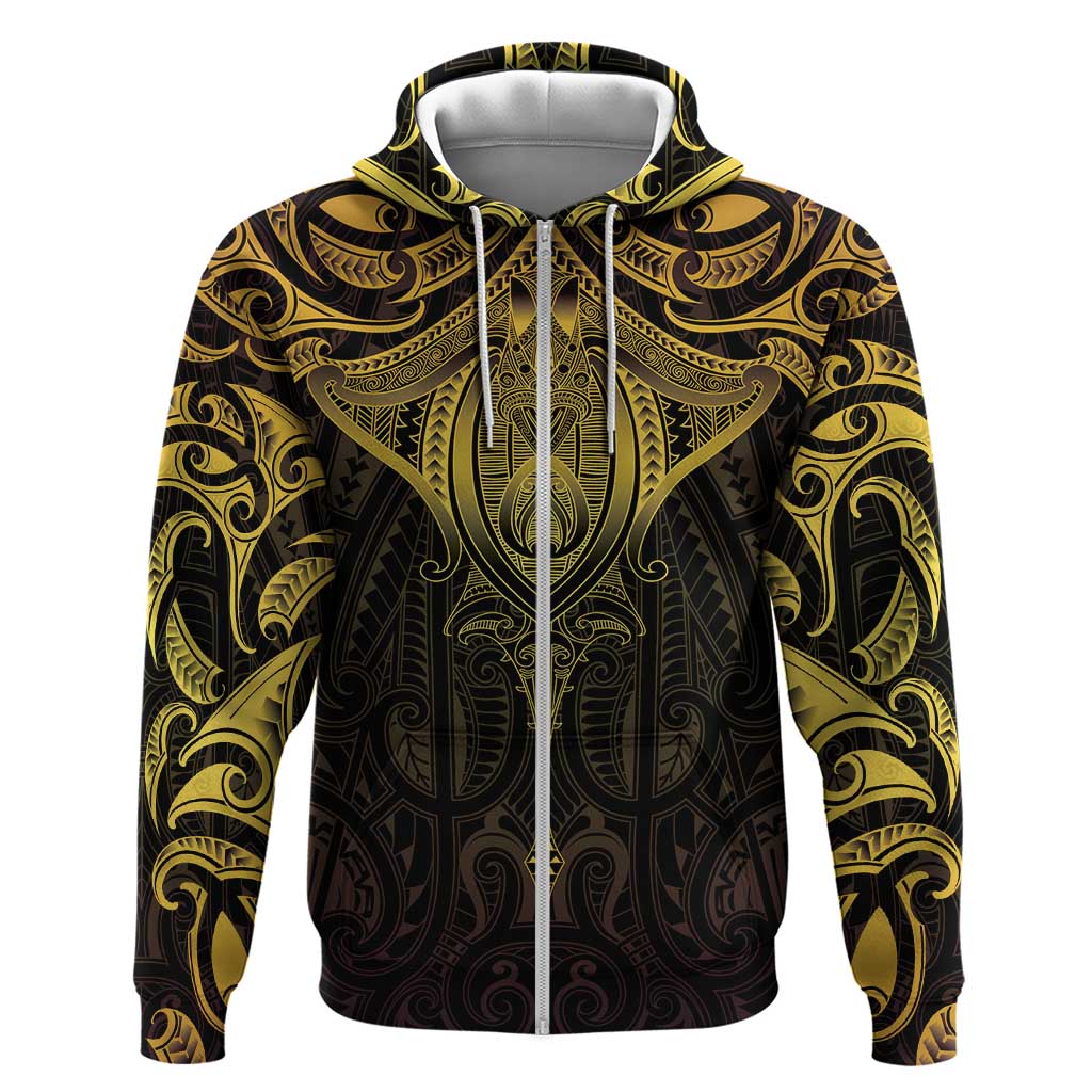 New Zealand Aotearoa Zip Hoodie Maori Manta Ray Moko Gold - Polynesian Pride