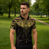 New Zealand Aotearoa Zipper Polo Shirt Maori Manta Ray Moko Gold - Polynesian Pride