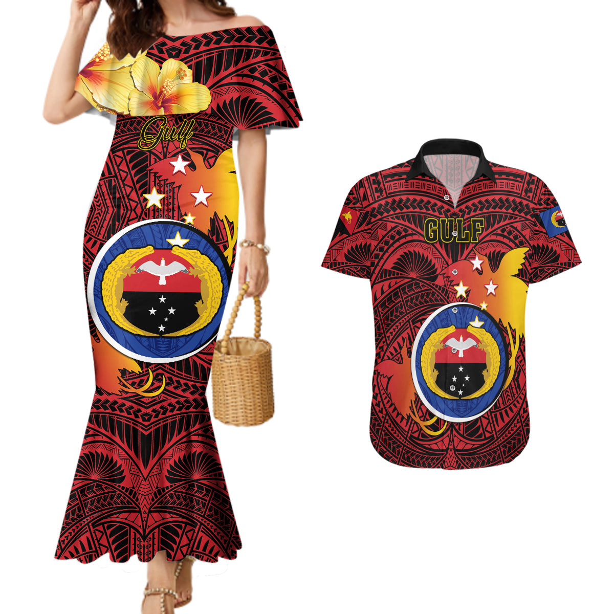 Papua New Guinea Gulf Province Couples Matching Mermaid Dress and Hawaiian Shirt Mix Coat Of Arms Polynesian Pattern LT05 Red - Polynesian Pride