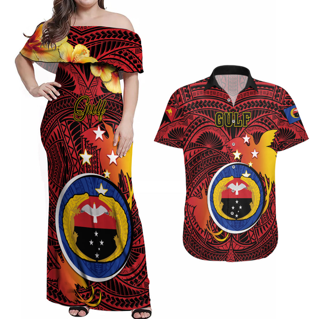 Papua New Guinea Gulf Province Couples Matching Off Shoulder Maxi Dress and Hawaiian Shirt Mix Coat Of Arms Polynesian Pattern LT05 Red - Polynesian Pride