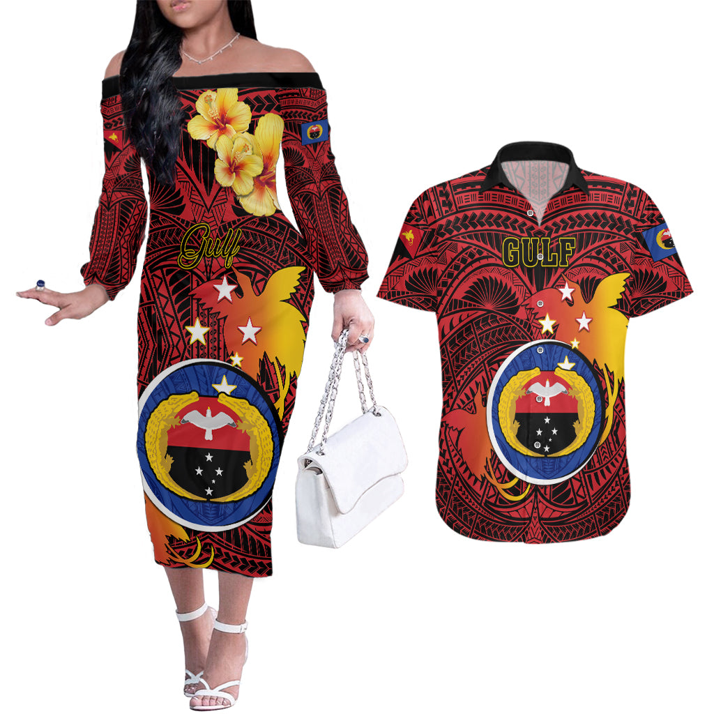 Papua New Guinea Gulf Province Couples Matching Off The Shoulder Long Sleeve Dress and Hawaiian Shirt Mix Coat Of Arms Polynesian Pattern LT05 Red - Polynesian Pride