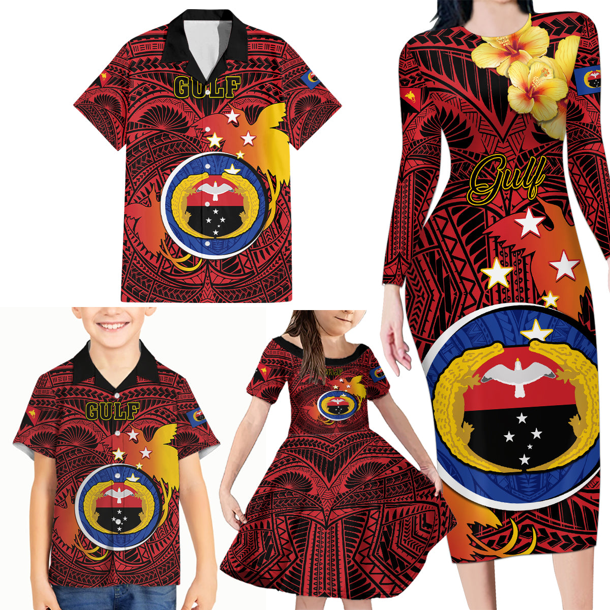 Papua New Guinea Gulf Province Family Matching Long Sleeve Bodycon Dress and Hawaiian Shirt Mix Coat Of Arms Polynesian Pattern LT05 - Polynesian Pride