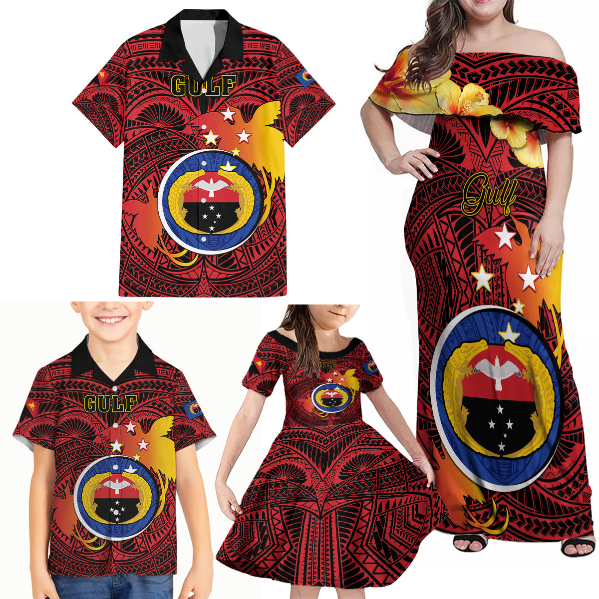 Papua New Guinea Gulf Province Family Matching Off Shoulder Maxi Dress and Hawaiian Shirt Mix Coat Of Arms Polynesian Pattern LT05 - Polynesian Pride