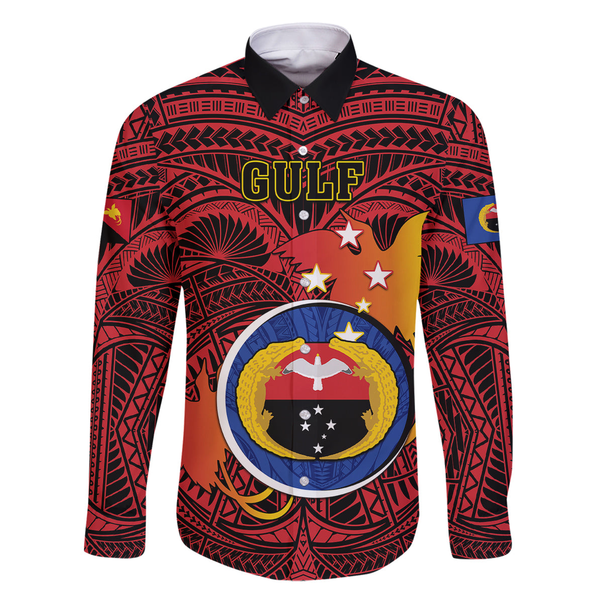 Papua New Guinea Gulf Province Family Matching Off Shoulder Maxi Dress and Hawaiian Shirt Mix Coat Of Arms Polynesian Pattern LT05 Dad's Shirt - Long Sleeve Red - Polynesian Pride