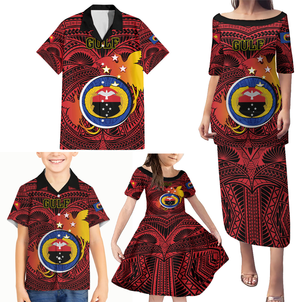Papua New Guinea Gulf Province Family Matching Puletasi Dress and Hawaiian Shirt Mix Coat Of Arms Polynesian Pattern LT05 - Polynesian Pride