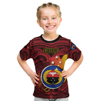 Papua New Guinea Gulf Province Kid T Shirt Mix Coat Of Arms Polynesian Pattern LT05 Red - Polynesian Pride