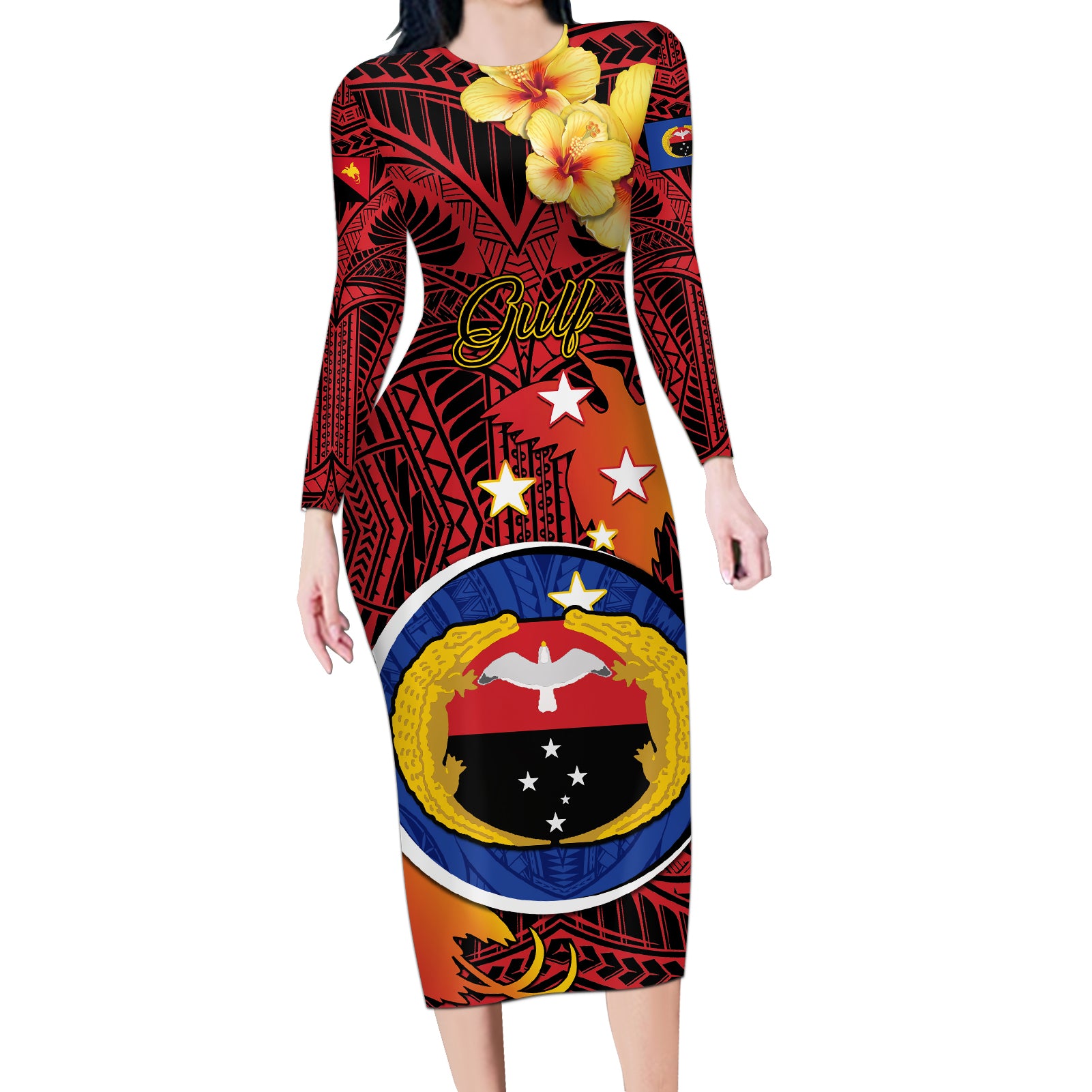 Papua New Guinea Gulf Province Long Sleeve Bodycon Dress Mix Coat Of Arms Polynesian Pattern LT05 Long Dress Red - Polynesian Pride