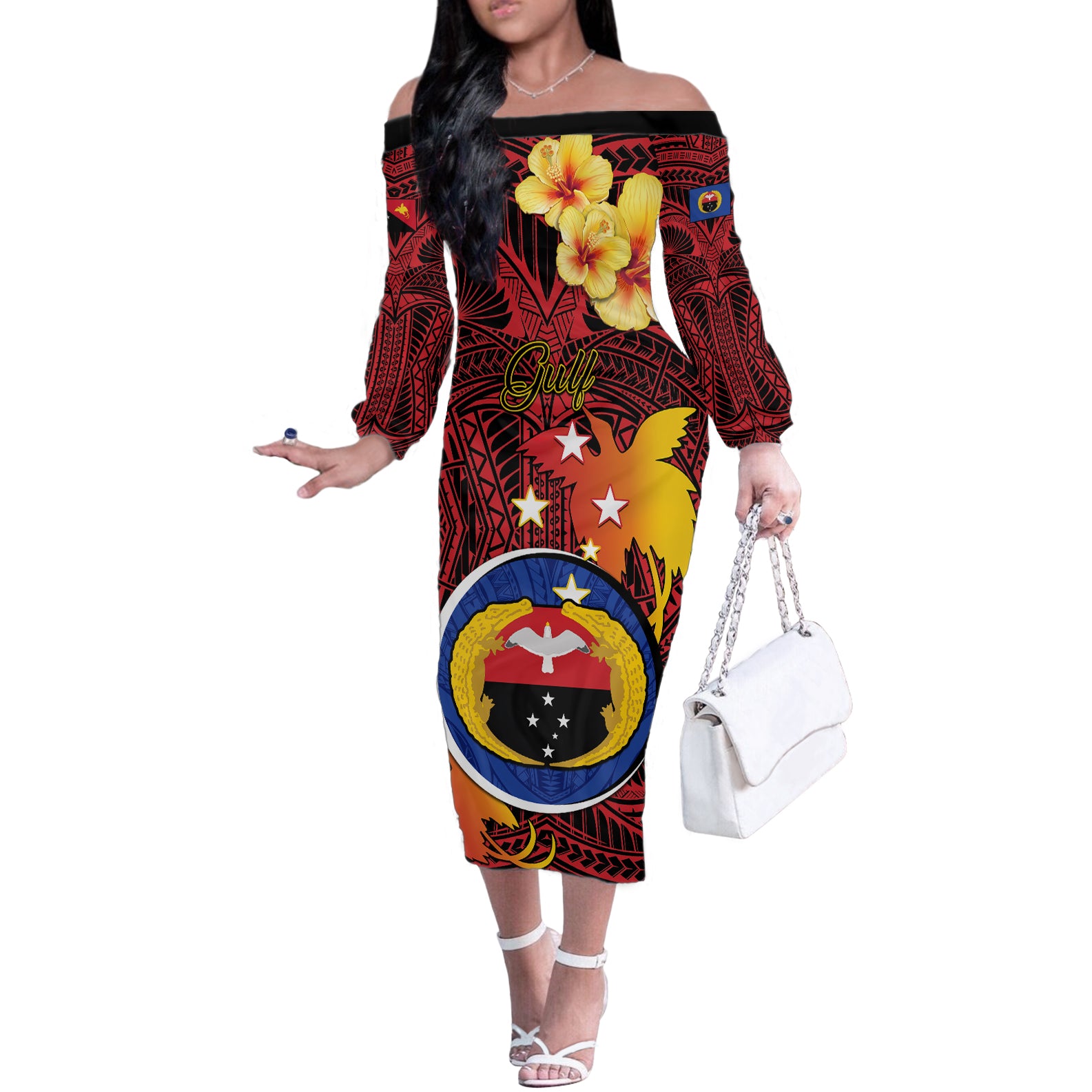 Papua New Guinea Gulf Province Off The Shoulder Long Sleeve Dress Mix Coat Of Arms Polynesian Pattern LT05 Women Red - Polynesian Pride