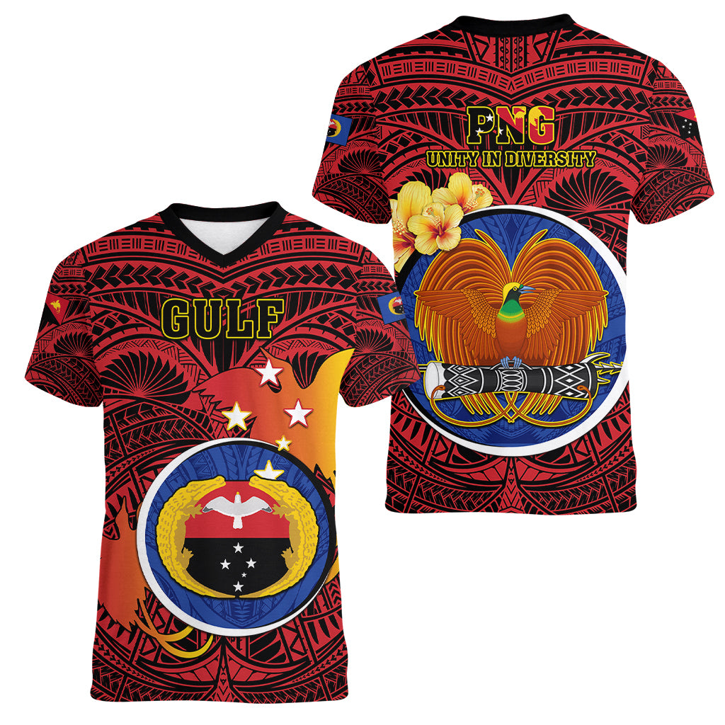 Papua New Guinea Gulf Province Women V Neck T Shirt Mix Coat Of Arms Polynesian Pattern LT05 - Polynesian Pride