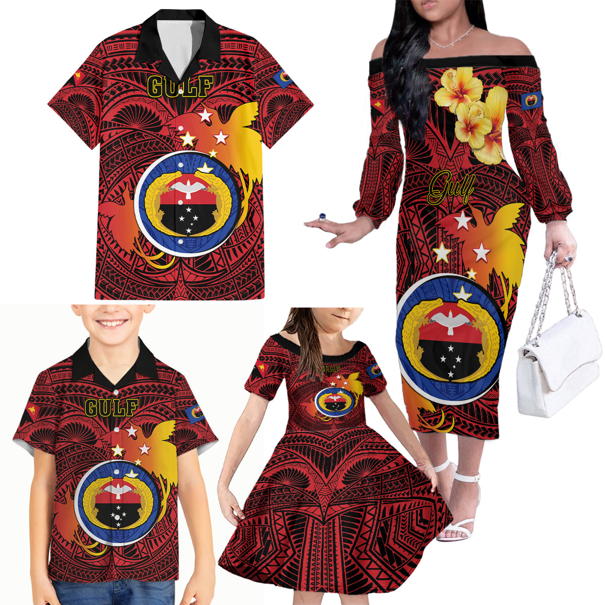 Personalized Papua New Guinea Gulf Province Family Matching Off Shoulder Long Sleeve Dress and Hawaiian Shirt Mix Coat Of Arms Polynesian Pattern LT05 - Polynesian Pride