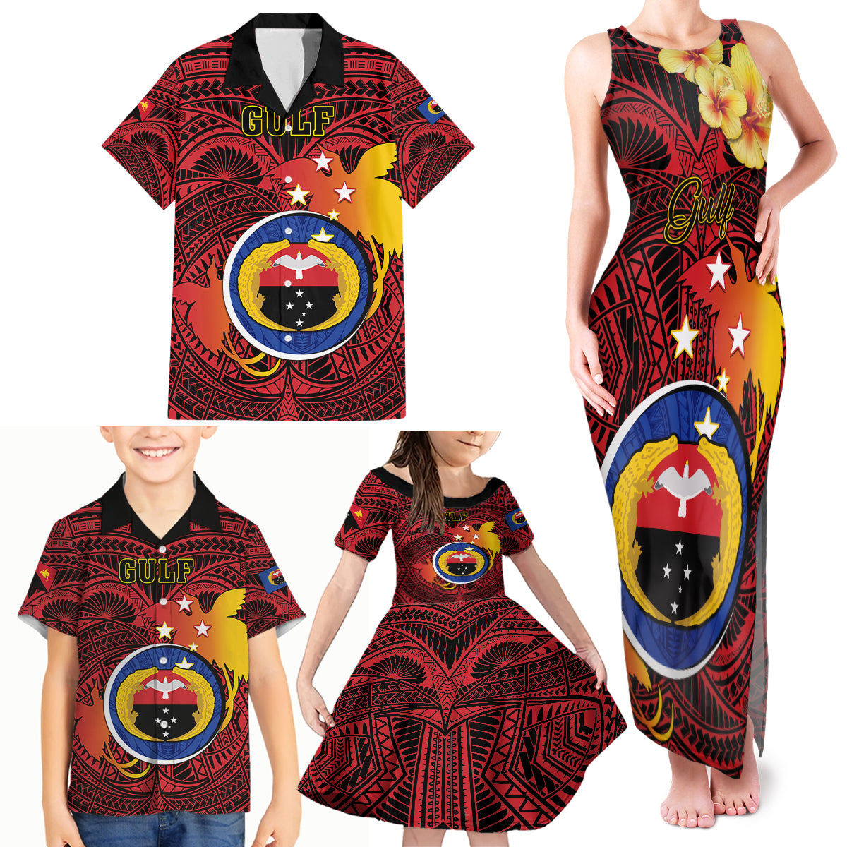 Personalized Papua New Guinea Gulf Province Family Matching Tank Maxi Dress and Hawaiian Shirt Mix Coat Of Arms Polynesian Pattern LT05 - Polynesian Pride