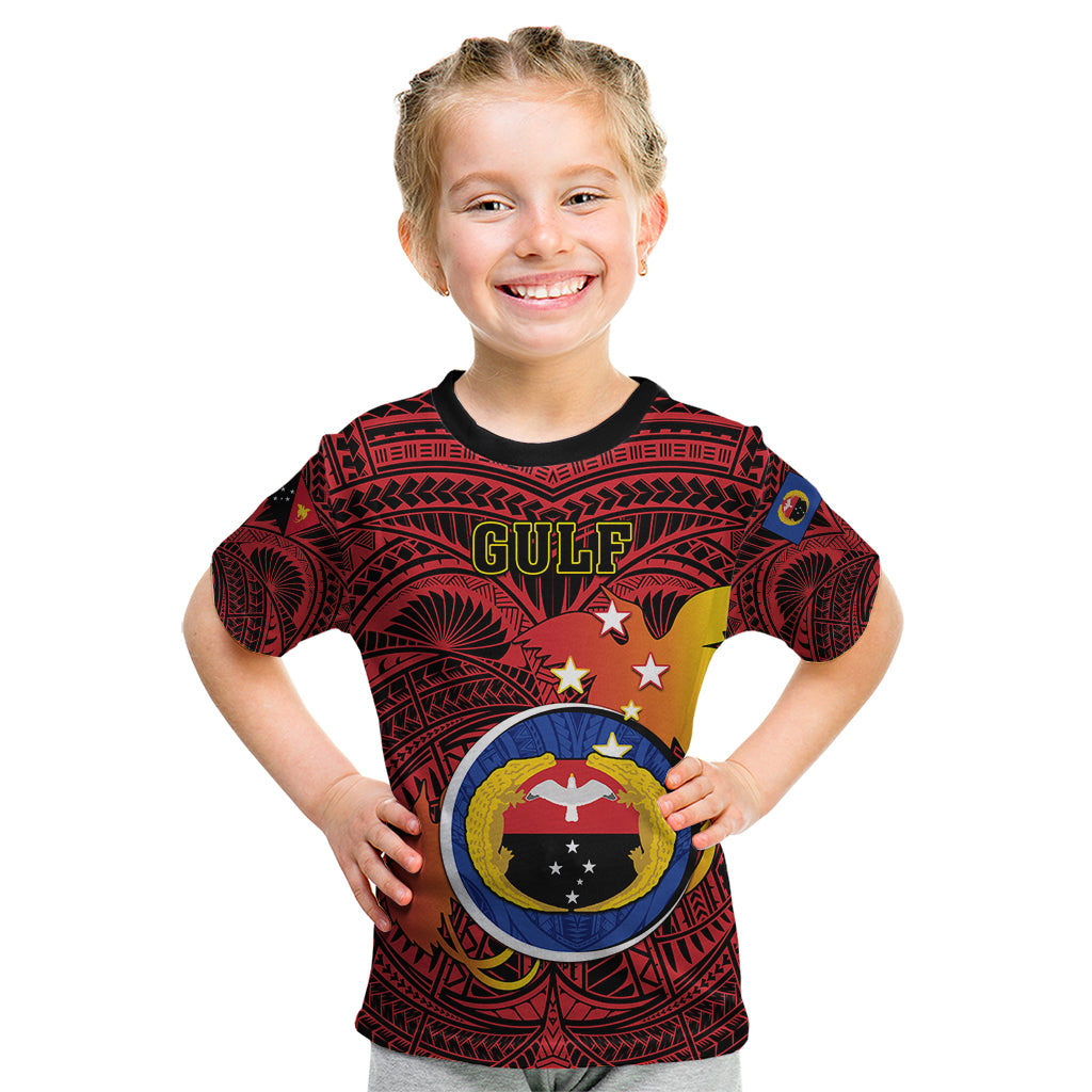 Personalized Papua New Guinea Gulf Province Kid T Shirt Mix Coat Of Arms Polynesian Pattern LT05 Red - Polynesian Pride
