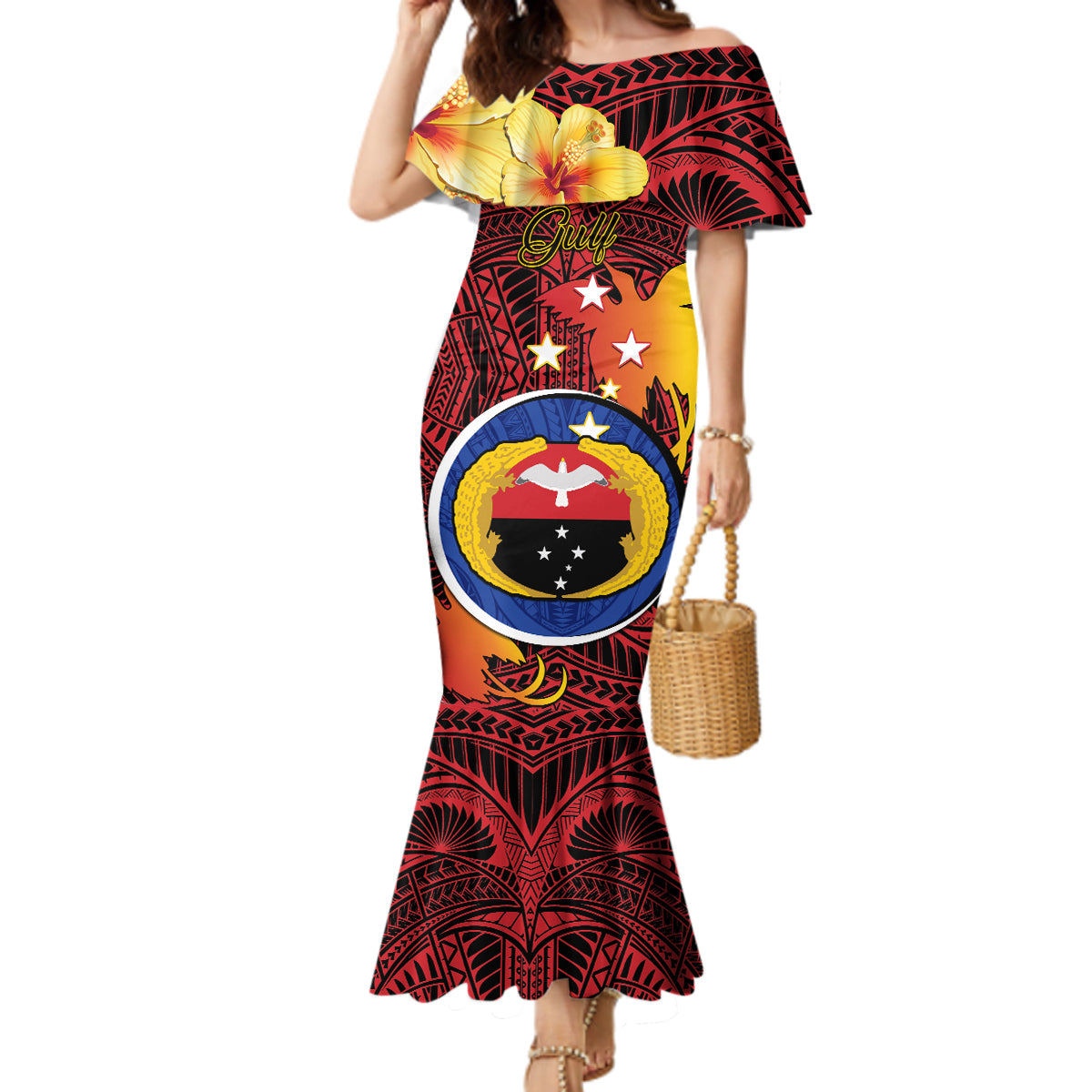 Personalized Papua New Guinea Gulf Province Mermaid Dress Mix Coat Of Arms Polynesian Pattern LT05 Women Red - Polynesian Pride