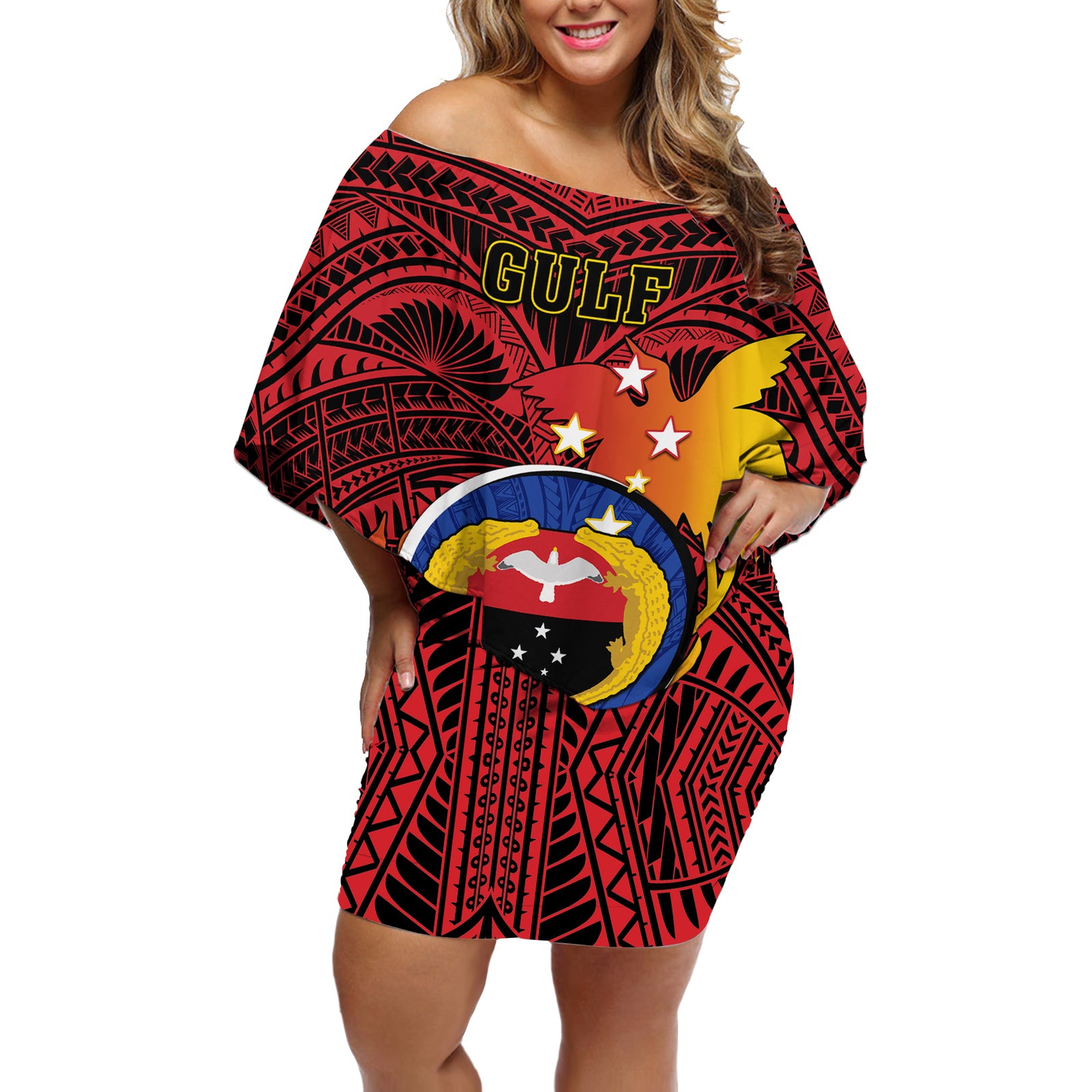 Personalized Papua New Guinea Gulf Province Off Shoulder Short Dress Mix Coat Of Arms Polynesian Pattern LT05 Women Red - Polynesian Pride