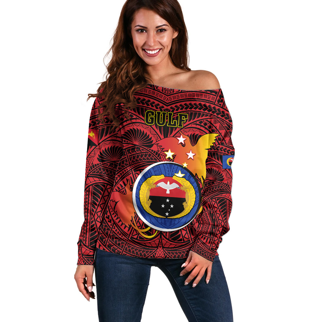 Personalized Papua New Guinea Gulf Province Off Shoulder Sweater Mix Coat Of Arms Polynesian Pattern LT05 Women Red - Polynesian Pride