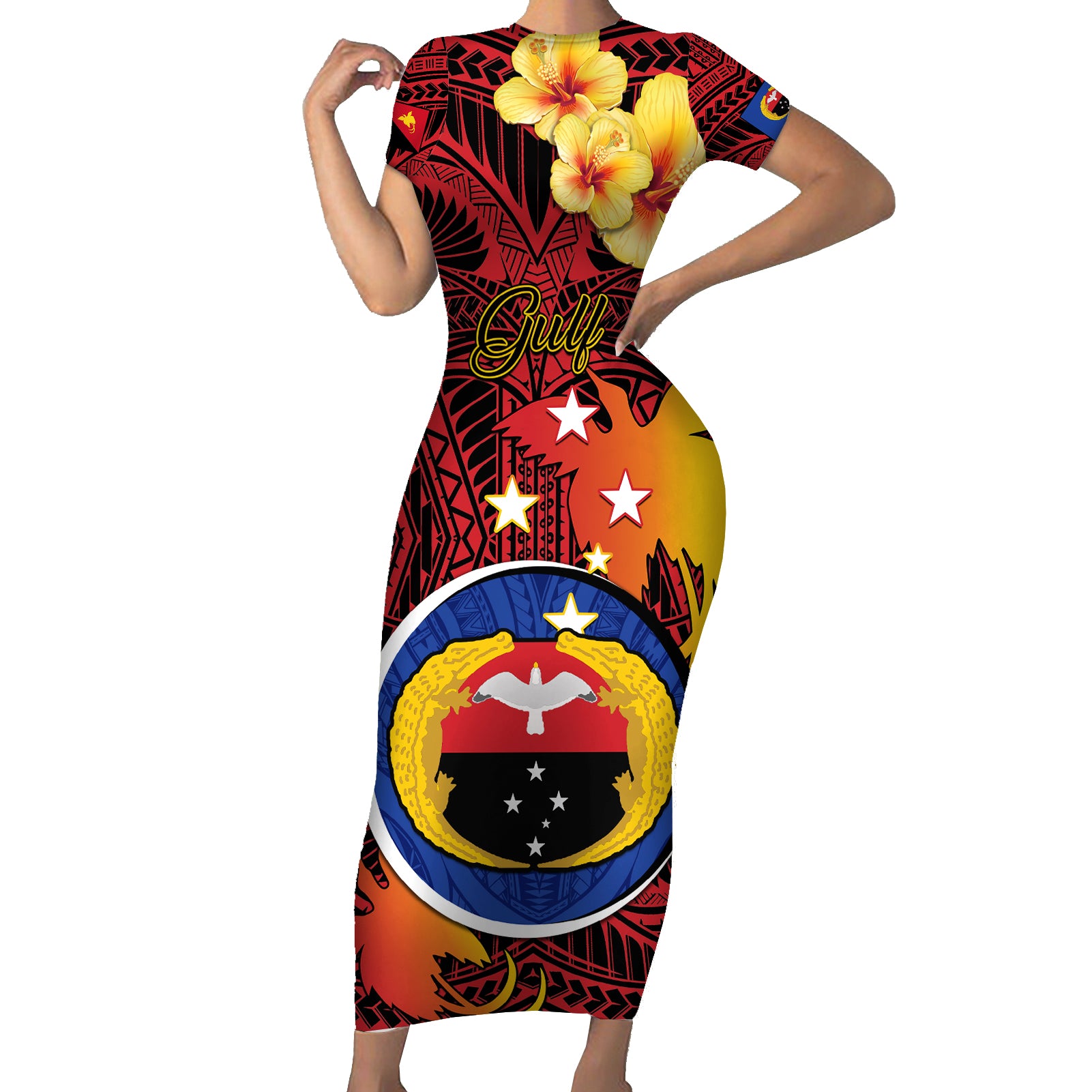 Personalized Papua New Guinea Gulf Province Short Sleeve Bodycon Dress Mix Coat Of Arms Polynesian Pattern LT05 Long Dress Red - Polynesian Pride