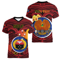 Personalized Papua New Guinea Gulf Province Women V Neck T Shirt Mix Coat Of Arms Polynesian Pattern LT05 - Polynesian Pride