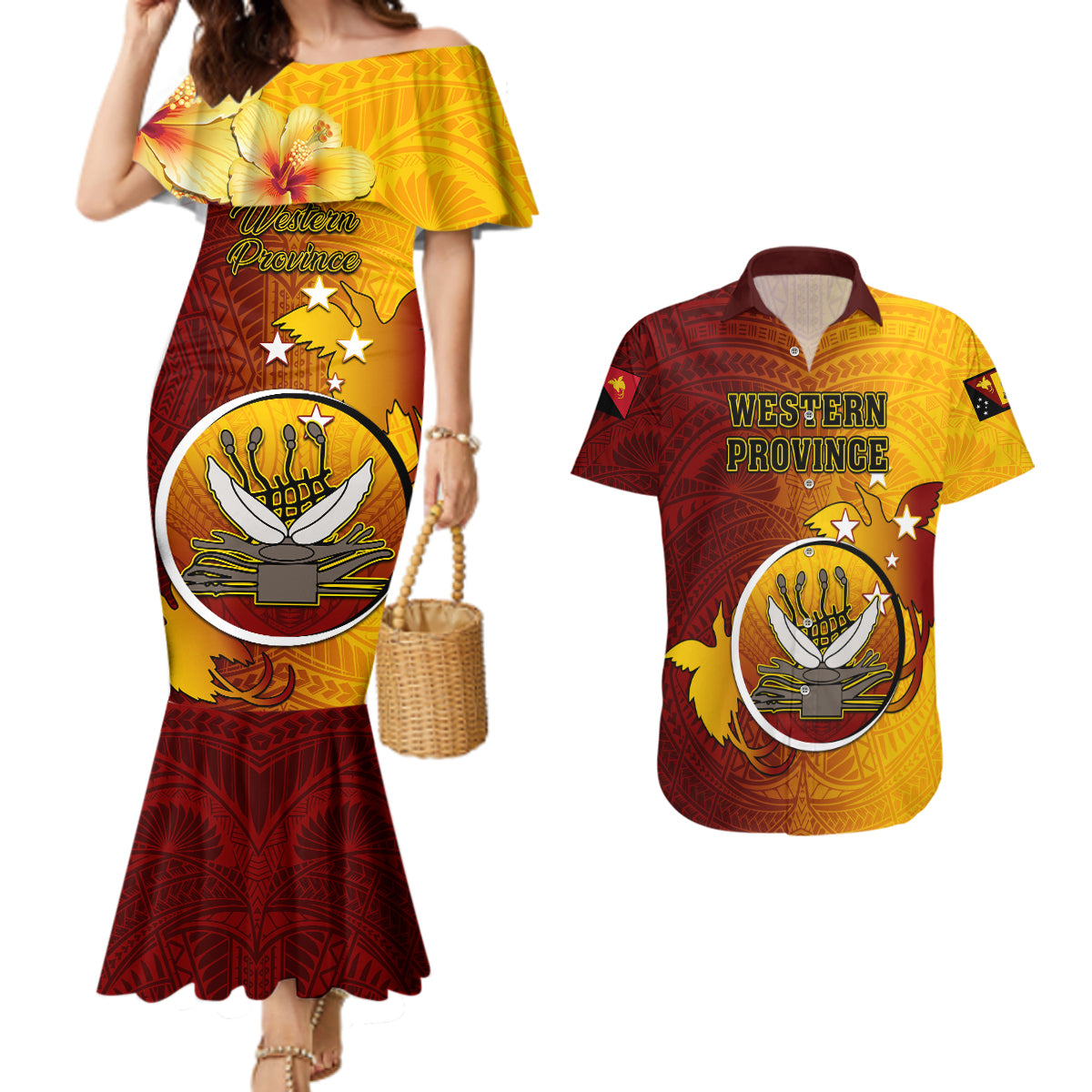 Papua New Guinea Western Province Couples Matching Mermaid Dress and Hawaiian Shirt Mix Coat Of Arms Polynesian Pattern LT05 Red - Polynesian Pride