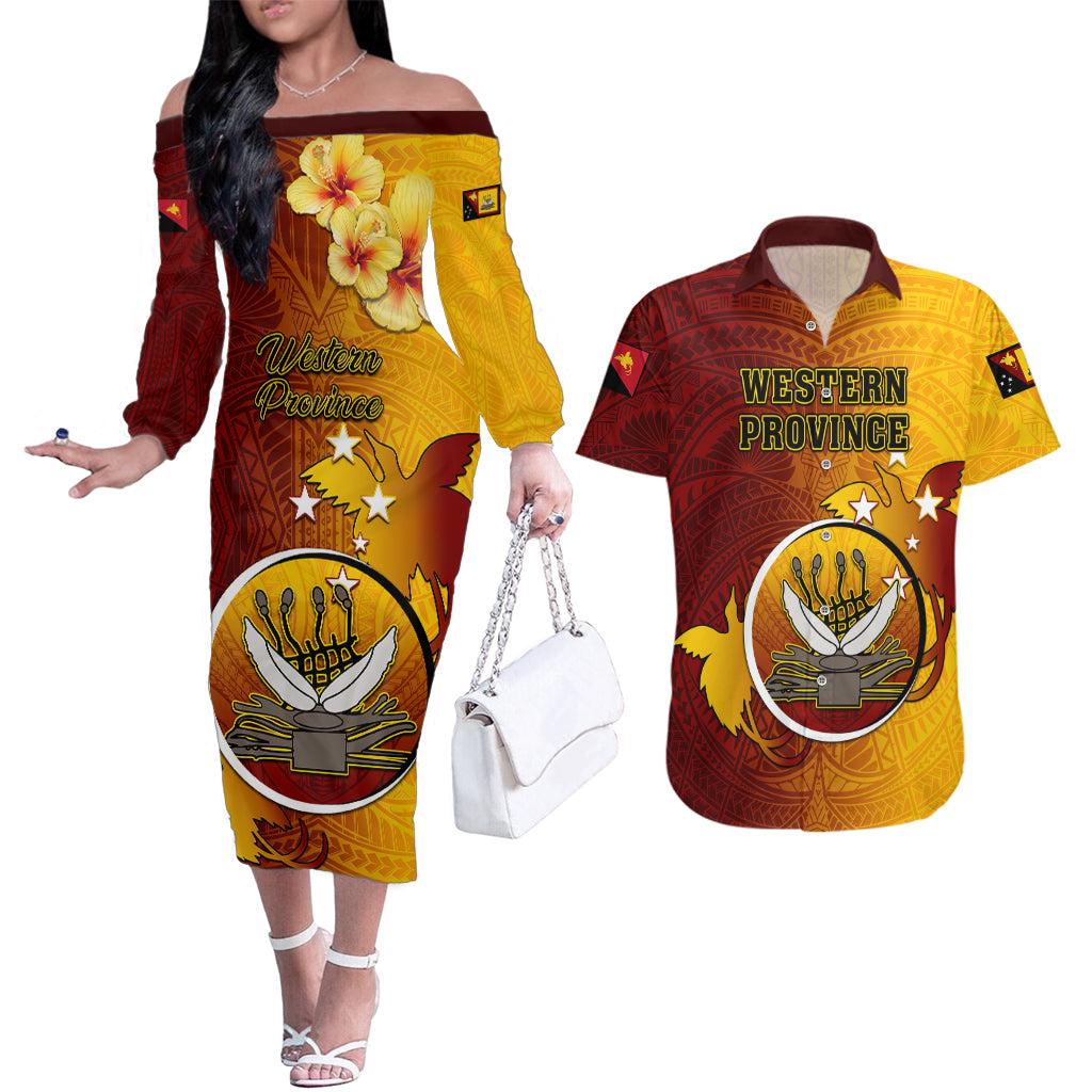 Papua New Guinea Western Province Couples Matching Off The Shoulder Long Sleeve Dress and Hawaiian Shirt Mix Coat Of Arms Polynesian Pattern LT05 Red - Polynesian Pride