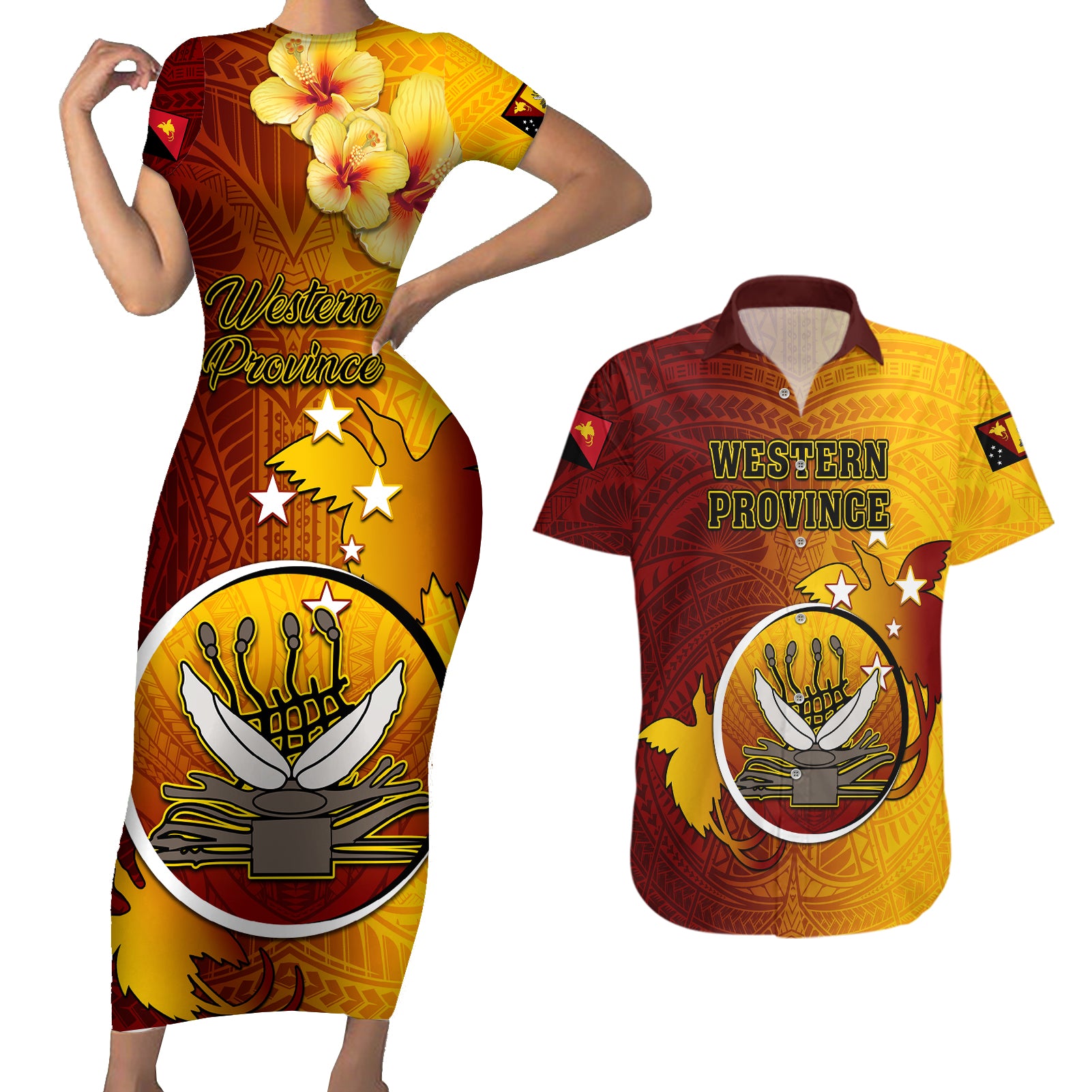 Papua New Guinea Western Province Couples Matching Short Sleeve Bodycon Dress and Hawaiian Shirt Mix Coat Of Arms Polynesian Pattern LT05 Red - Polynesian Pride