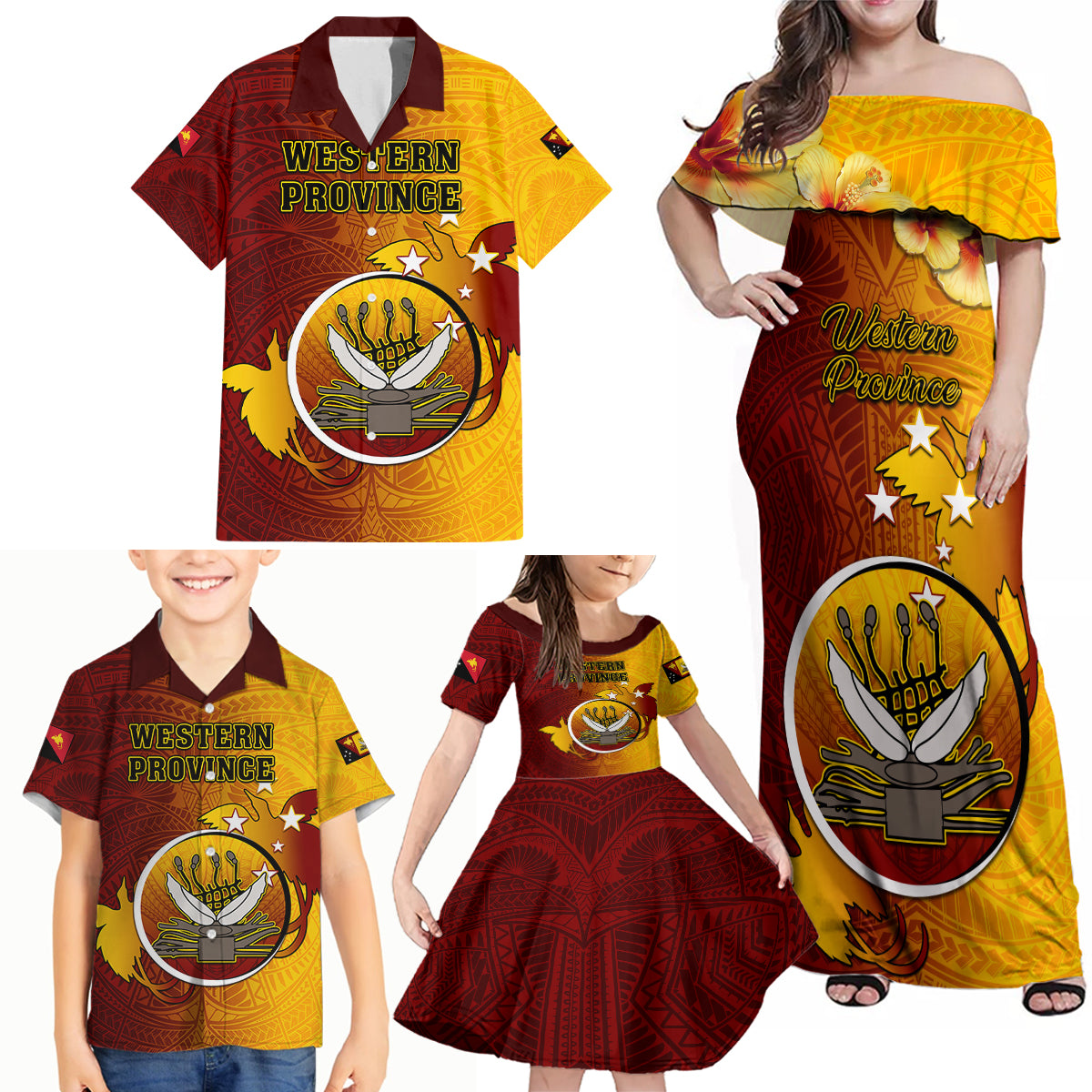 Papua New Guinea Western Province Family Matching Off Shoulder Maxi Dress and Hawaiian Shirt Mix Coat Of Arms Polynesian Pattern LT05 - Polynesian Pride