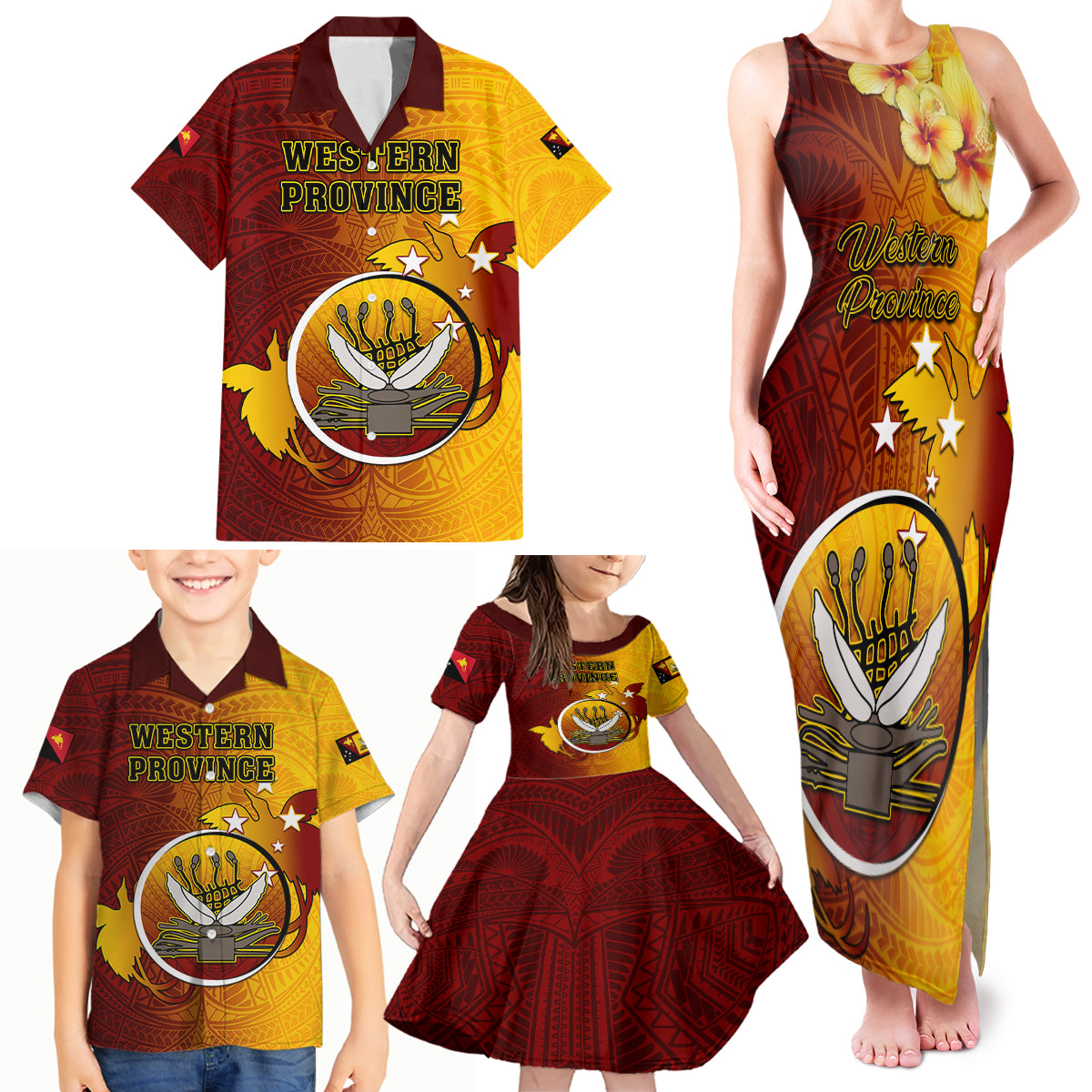 Papua New Guinea Western Province Family Matching Tank Maxi Dress and Hawaiian Shirt Mix Coat Of Arms Polynesian Pattern LT05 - Polynesian Pride