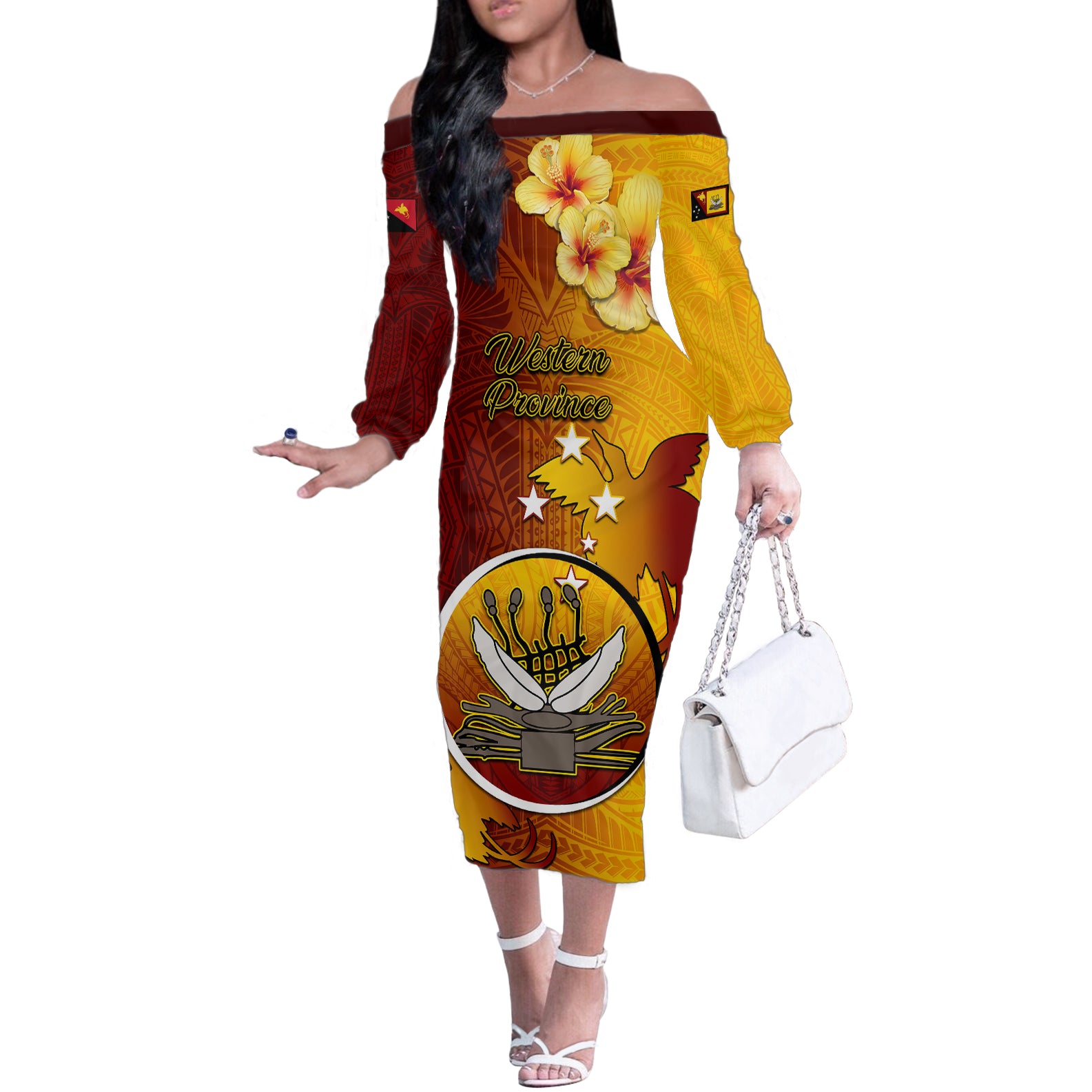 Papua New Guinea Western Province Off The Shoulder Long Sleeve Dress Mix Coat Of Arms Polynesian Pattern LT05 Women Red - Polynesian Pride