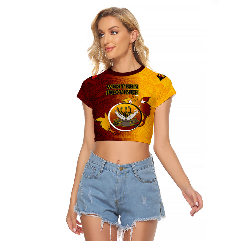 Papua New Guinea Western Province Raglan Cropped T Shirt Mix Coat Of Arms Polynesian Pattern LT05 Female Red - Polynesian Pride