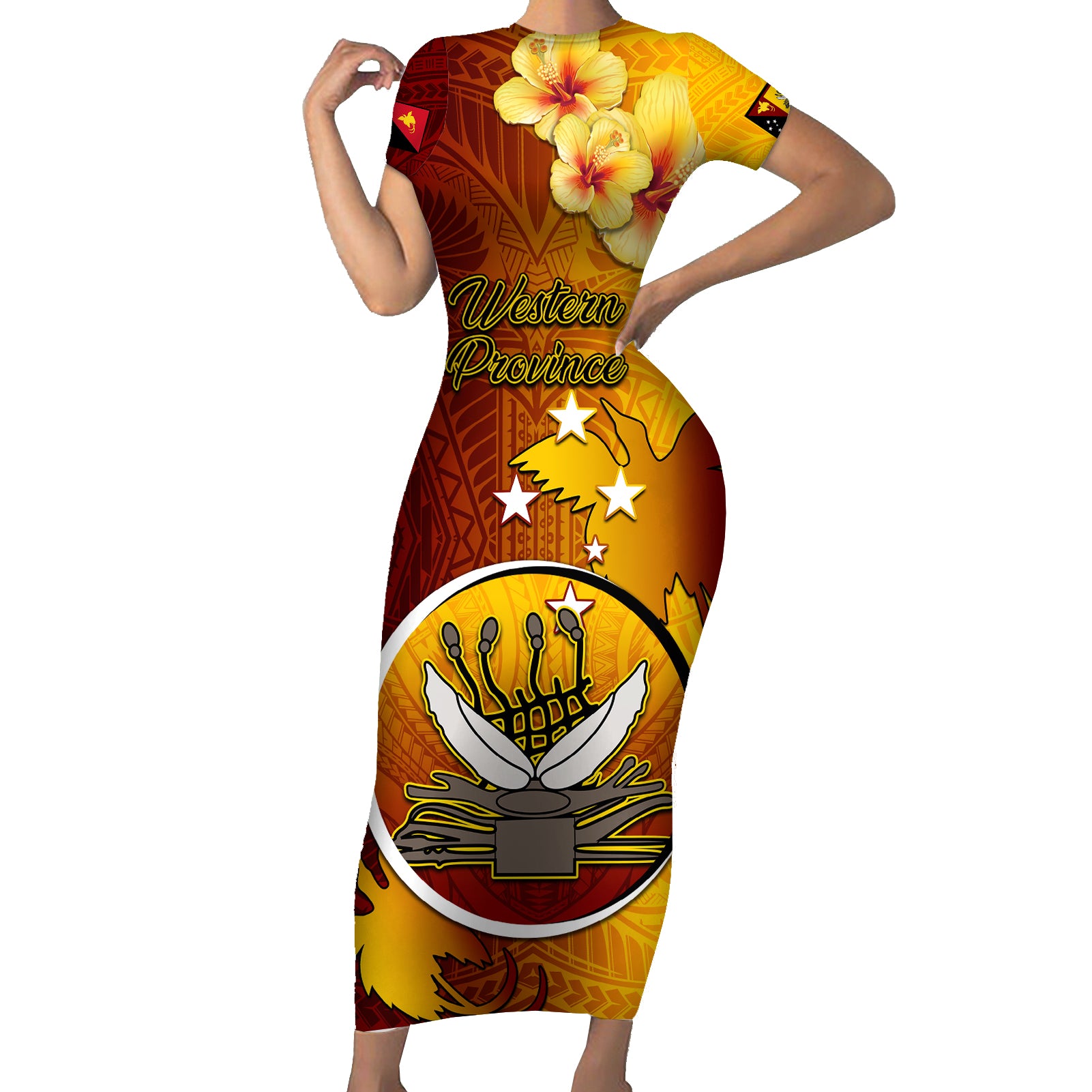 Papua New Guinea Western Province Short Sleeve Bodycon Dress Mix Coat Of Arms Polynesian Pattern LT05 Long Dress Red - Polynesian Pride