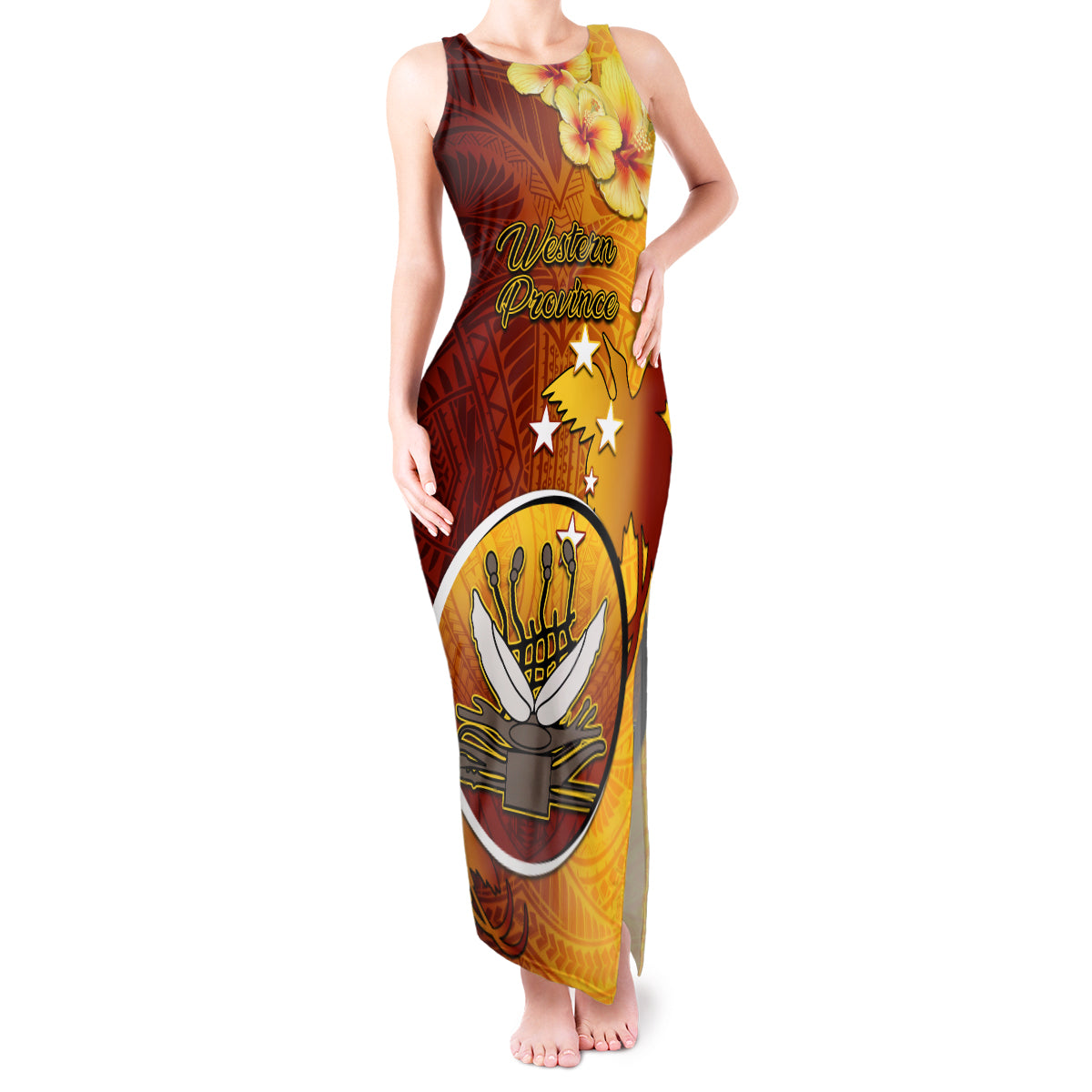 Papua New Guinea Western Province Tank Maxi Dress Mix Coat Of Arms Polynesian Pattern LT05 Women Red - Polynesian Pride