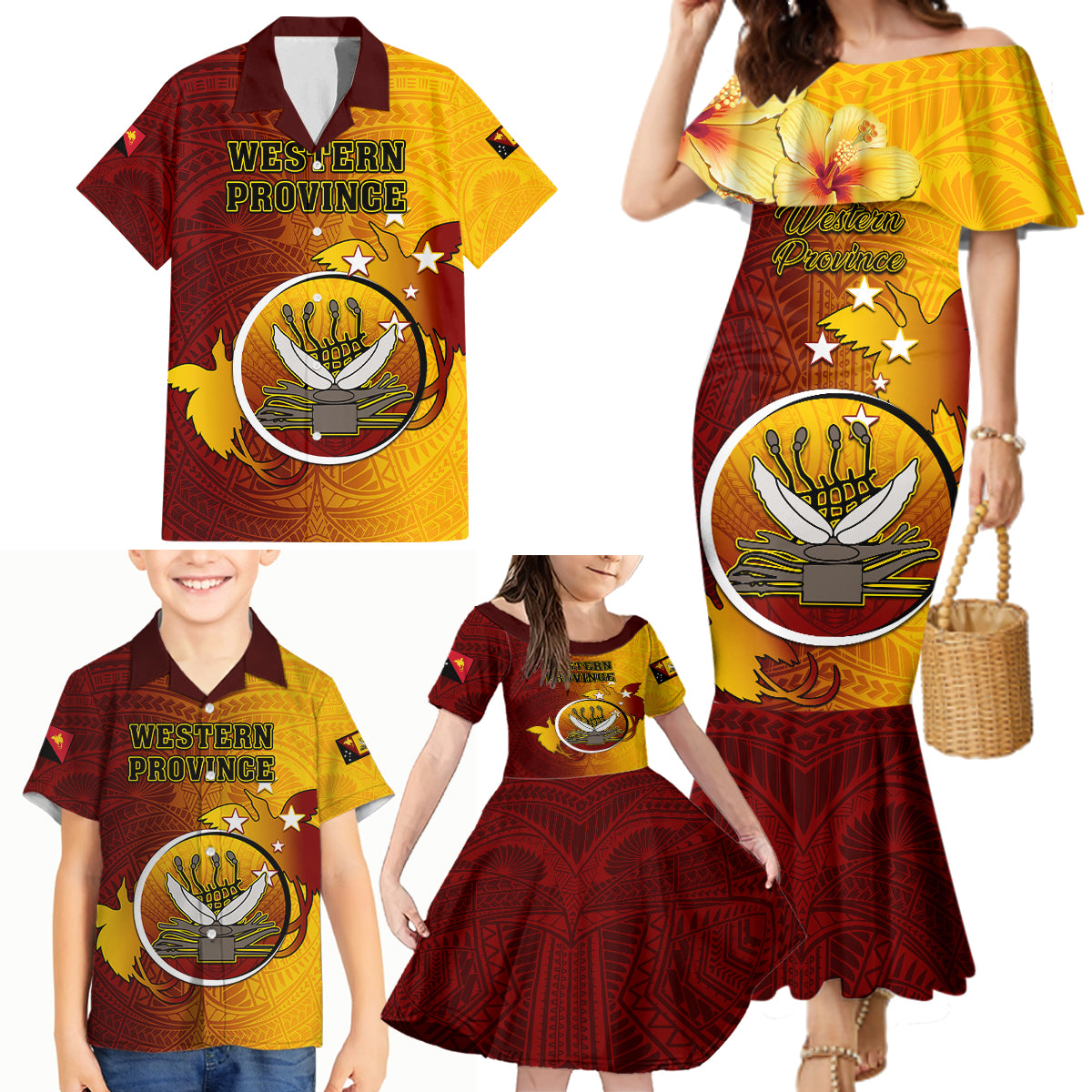 Personalized Papua New Guinea Western Province Family Matching Mermaid Dress and Hawaiian Shirt Mix Coat Of Arms Polynesian Pattern LT05 - Polynesian Pride