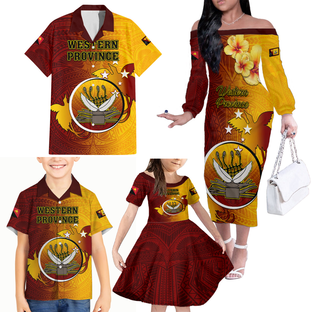 Personalized Papua New Guinea Western Province Family Matching Off Shoulder Long Sleeve Dress and Hawaiian Shirt Mix Coat Of Arms Polynesian Pattern LT05 - Polynesian Pride