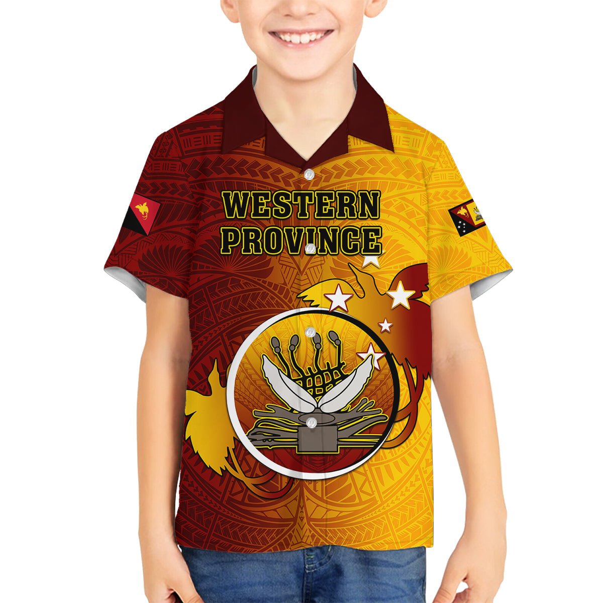 Personalized Papua New Guinea Western Province Family Matching Off Shoulder Long Sleeve Dress and Hawaiian Shirt Mix Coat Of Arms Polynesian Pattern LT05 Son's Shirt Red - Polynesian Pride