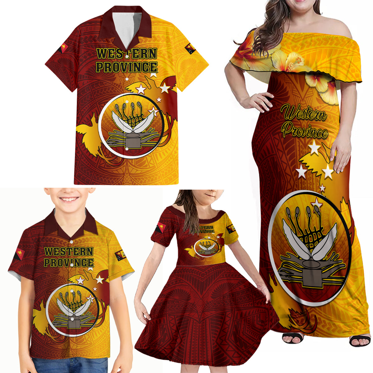 Personalized Papua New Guinea Western Province Family Matching Off Shoulder Maxi Dress and Hawaiian Shirt Mix Coat Of Arms Polynesian Pattern LT05 - Polynesian Pride