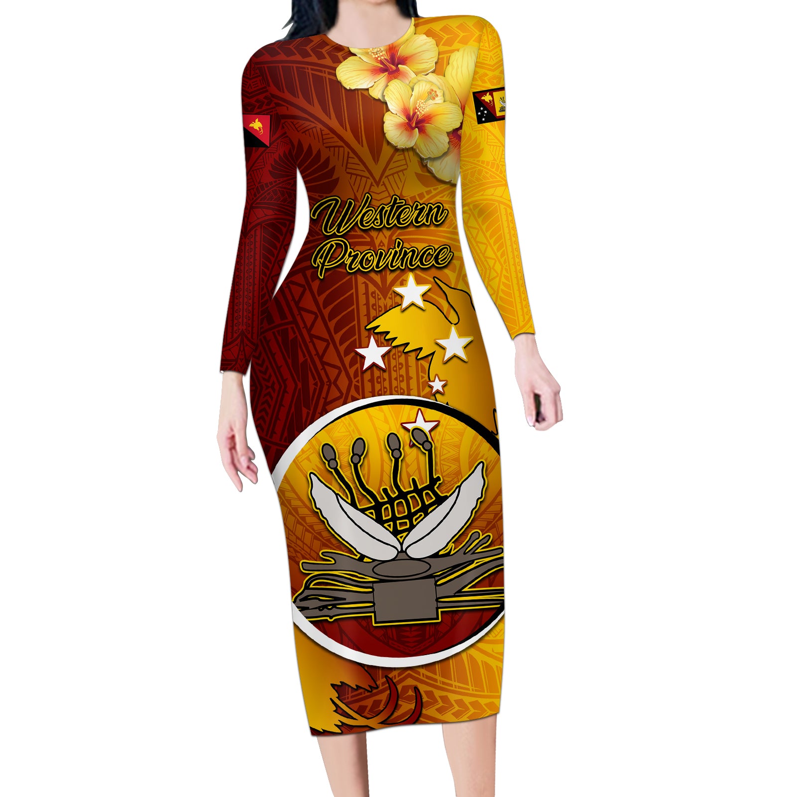 Personalized Papua New Guinea Western Province Long Sleeve Bodycon Dress Mix Coat Of Arms Polynesian Pattern LT05 Long Dress Red - Polynesian Pride