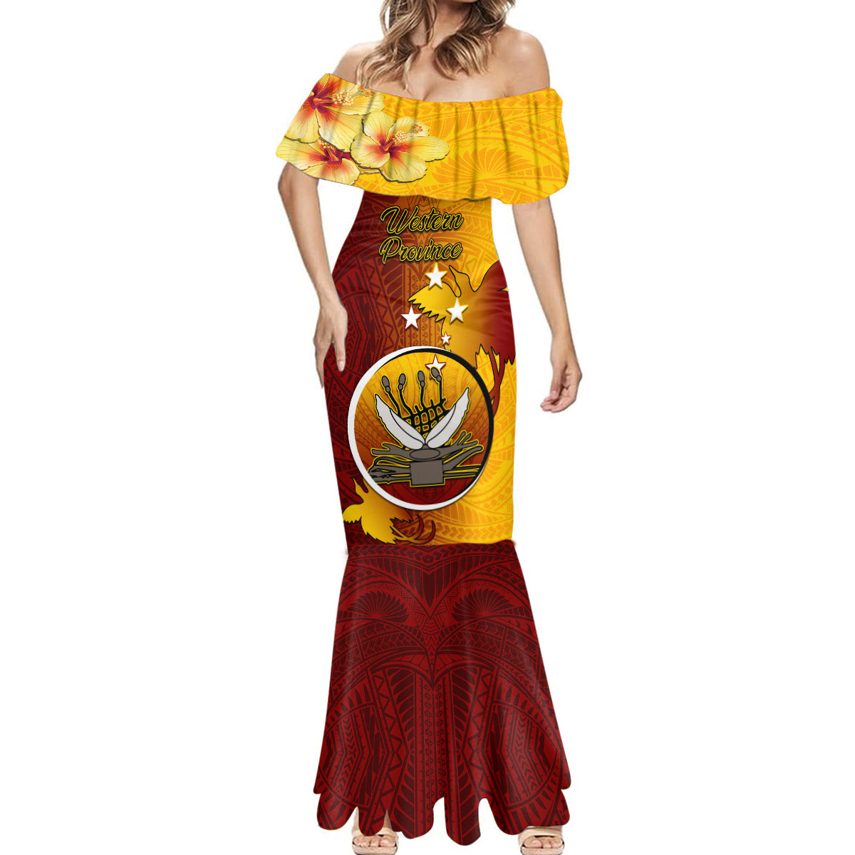 Personalized Papua New Guinea Western Province Mermaid Dress Mix Coat Of Arms Polynesian Pattern LT05 - Polynesian Pride