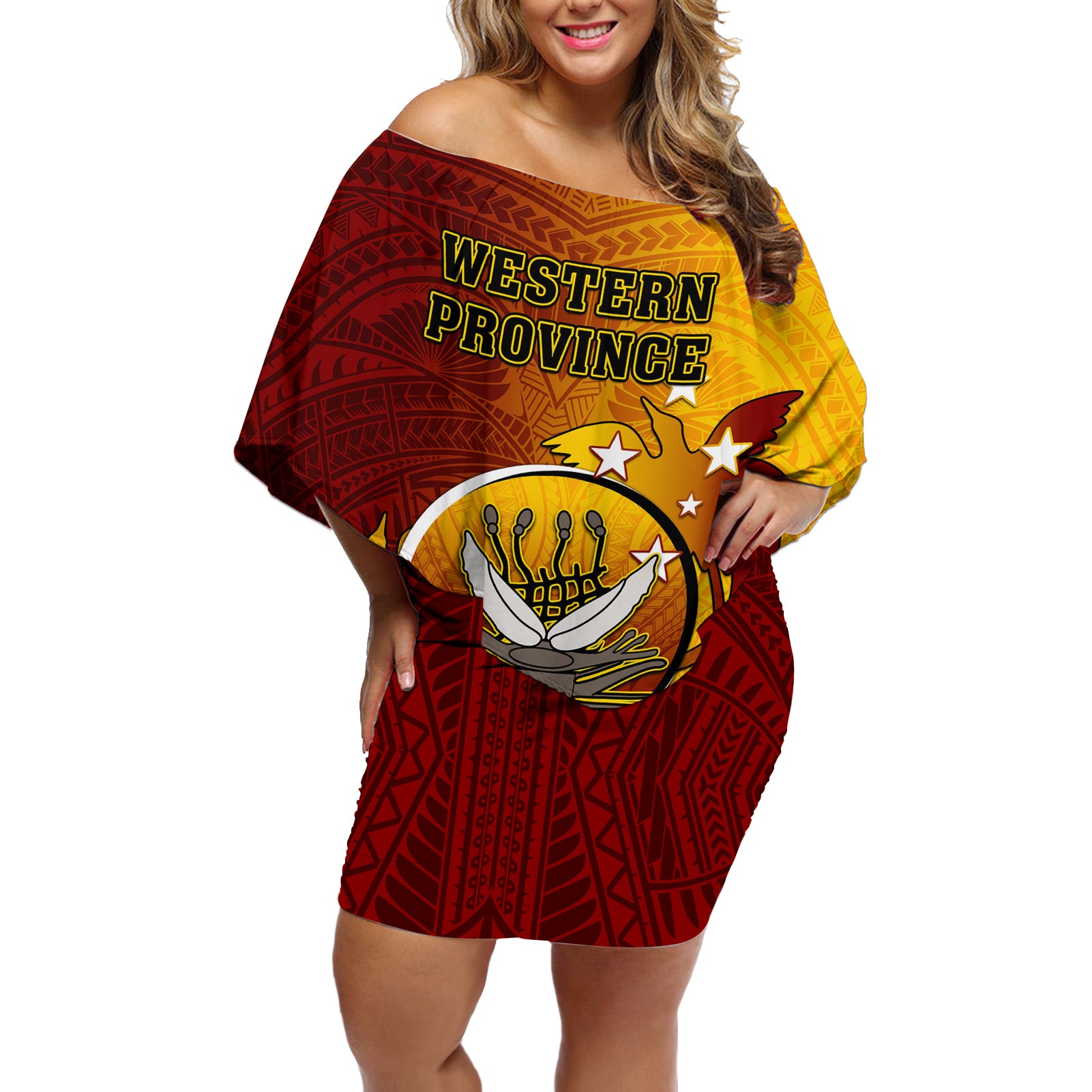 Personalized Papua New Guinea Western Province Off Shoulder Short Dress Mix Coat Of Arms Polynesian Pattern LT05 Women Red - Polynesian Pride