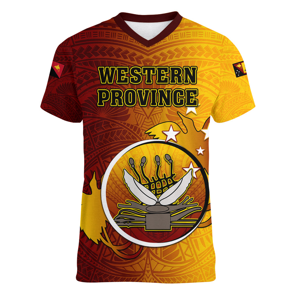 Personalized Papua New Guinea Western Province Women V Neck T Shirt Mix Coat Of Arms Polynesian Pattern LT05 Female Red - Polynesian Pride