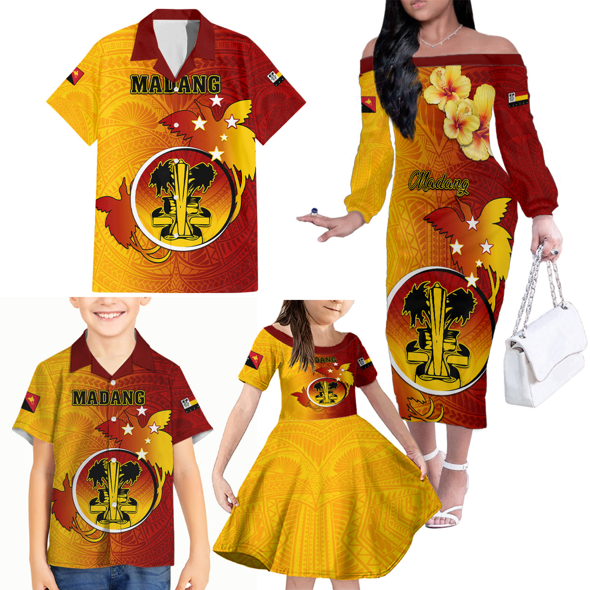 Papua New Guinea Madang Province Family Matching Off Shoulder Long Sleeve Dress and Hawaiian Shirt Mix Coat Of Arms Polynesian Pattern LT05 - Polynesian Pride