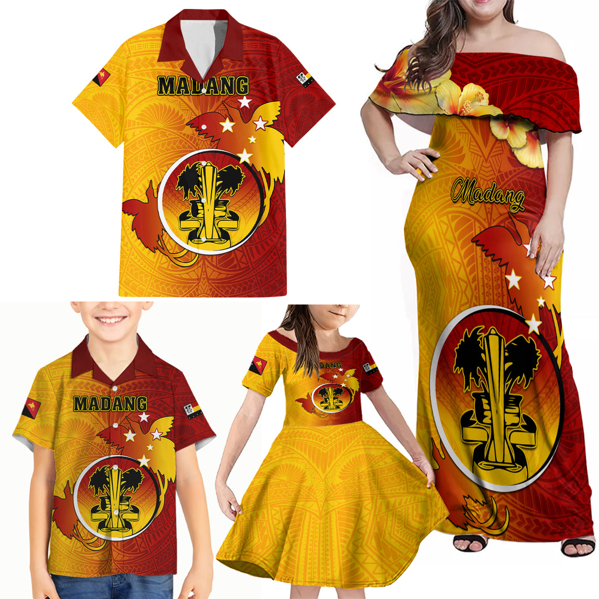 Papua New Guinea Madang Province Family Matching Off Shoulder Maxi Dress and Hawaiian Shirt Mix Coat Of Arms Polynesian Pattern LT05 - Polynesian Pride